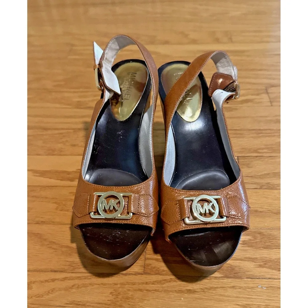 Michael Kors Brown Leather Wedge Slingback Heels Studded Logo Open Toe Sz 8